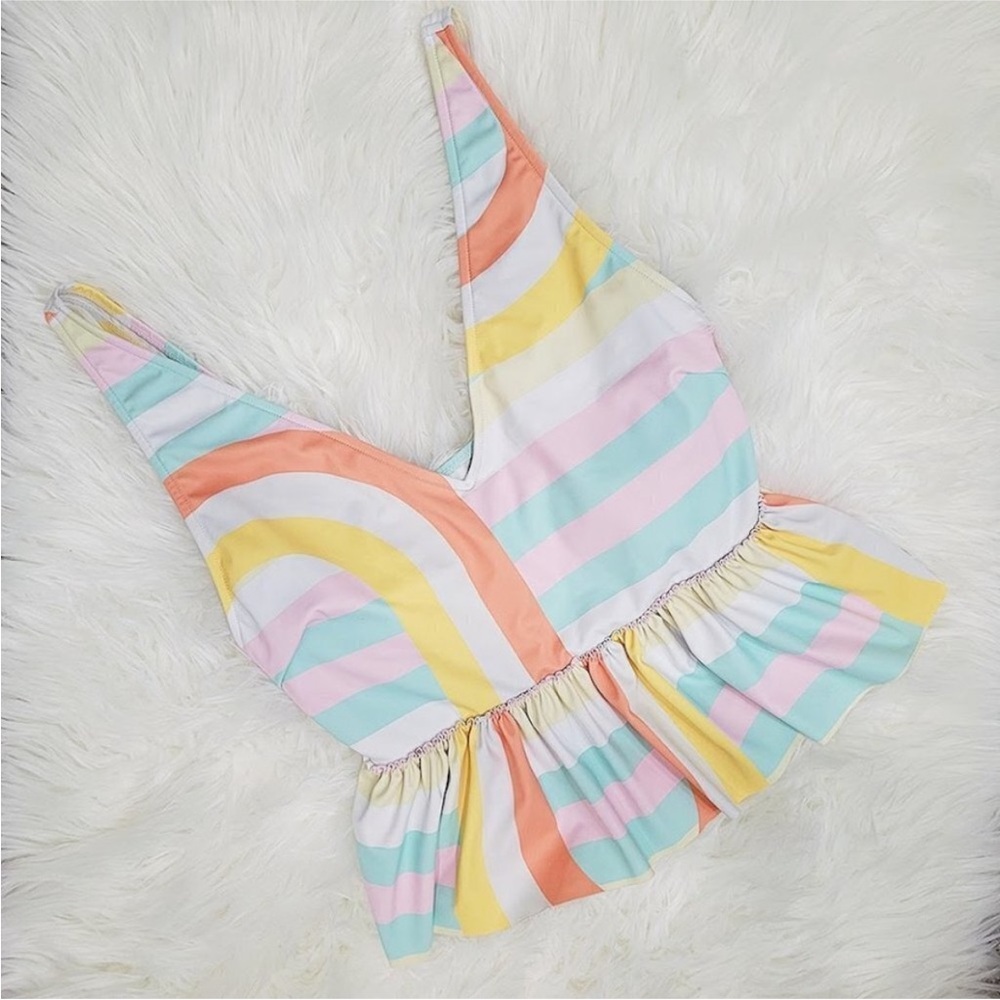 Kortni Jeane Women's Peplum Sleeveless Rainbow Boho Bikini Swim Colorful Top